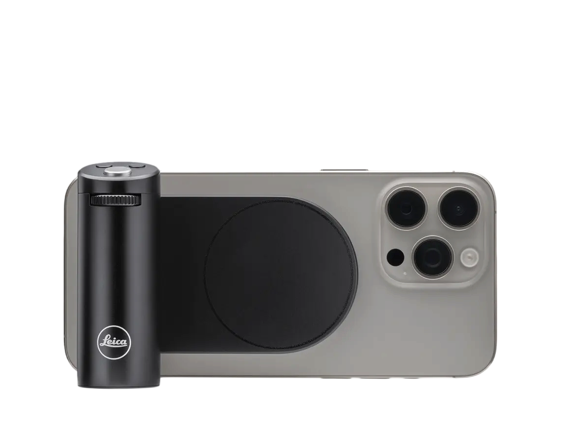 Leica LUX Grip attached to an iPhone in landscape orientation