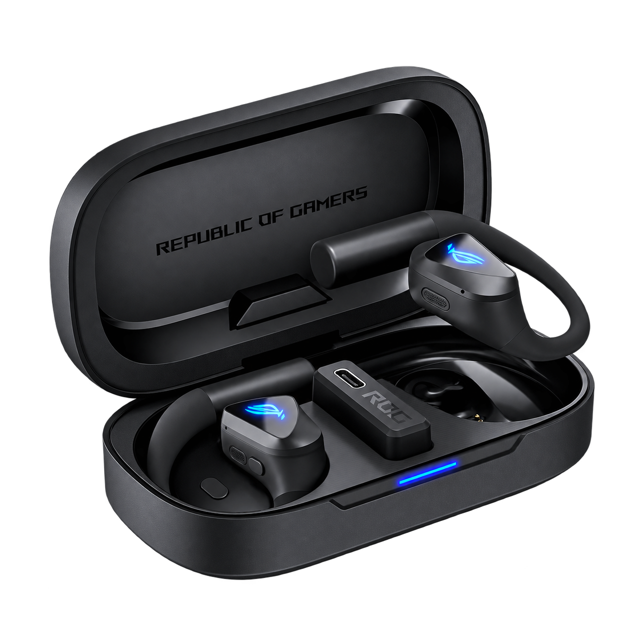 ROG Cetra Open Wireless earbuds inside their open charging case